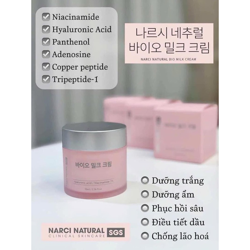 Kem dưỡng Narci Natural bio milk cream 70ml - hạn 2027 Hàn Quốc kem narci  IS53