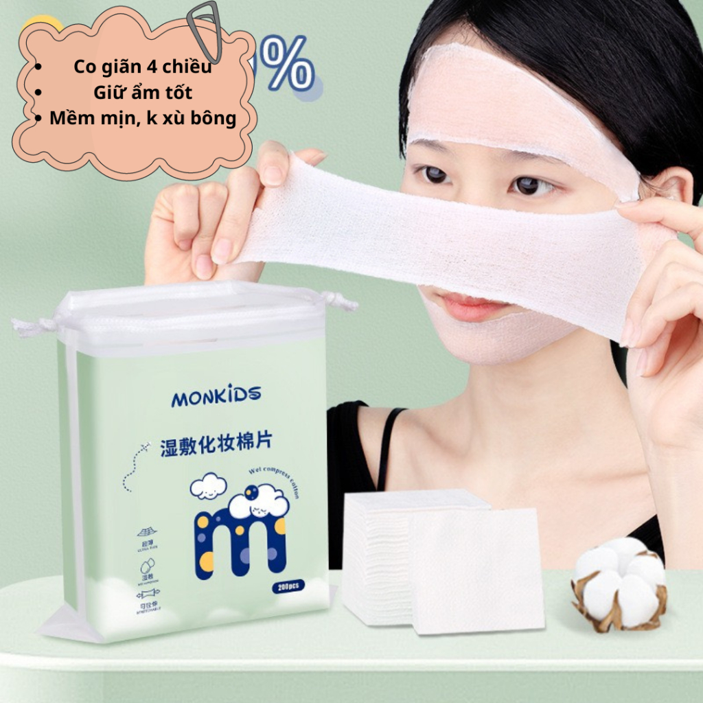 Bông cotton lotion mask đắp toner MONKIDS gồm 200 miếng bông tẩy trang ...