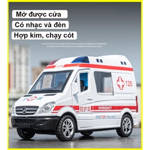 Đồ chơi mô hình xe cứu thương bằng hợp kim có nhạc và đèn, mở được cửa, chạy cót, tỷ lệ 1:36