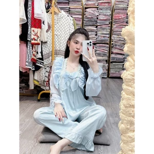 Bộ đồ ngủ nữ cổ cách điệu chất lụa Latin cao cấp freesize mặc nhà dưới 54kg tay dài quần dài - cn88