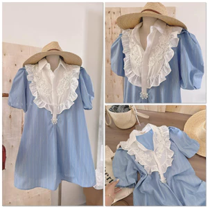 ĐẦM SƠ MI SỌC XANH DƯƠNG CỔ BÈO REN HOA NỔI, ĐẦM NỮ TIỂU THƯ | MEOINDAHOUSE