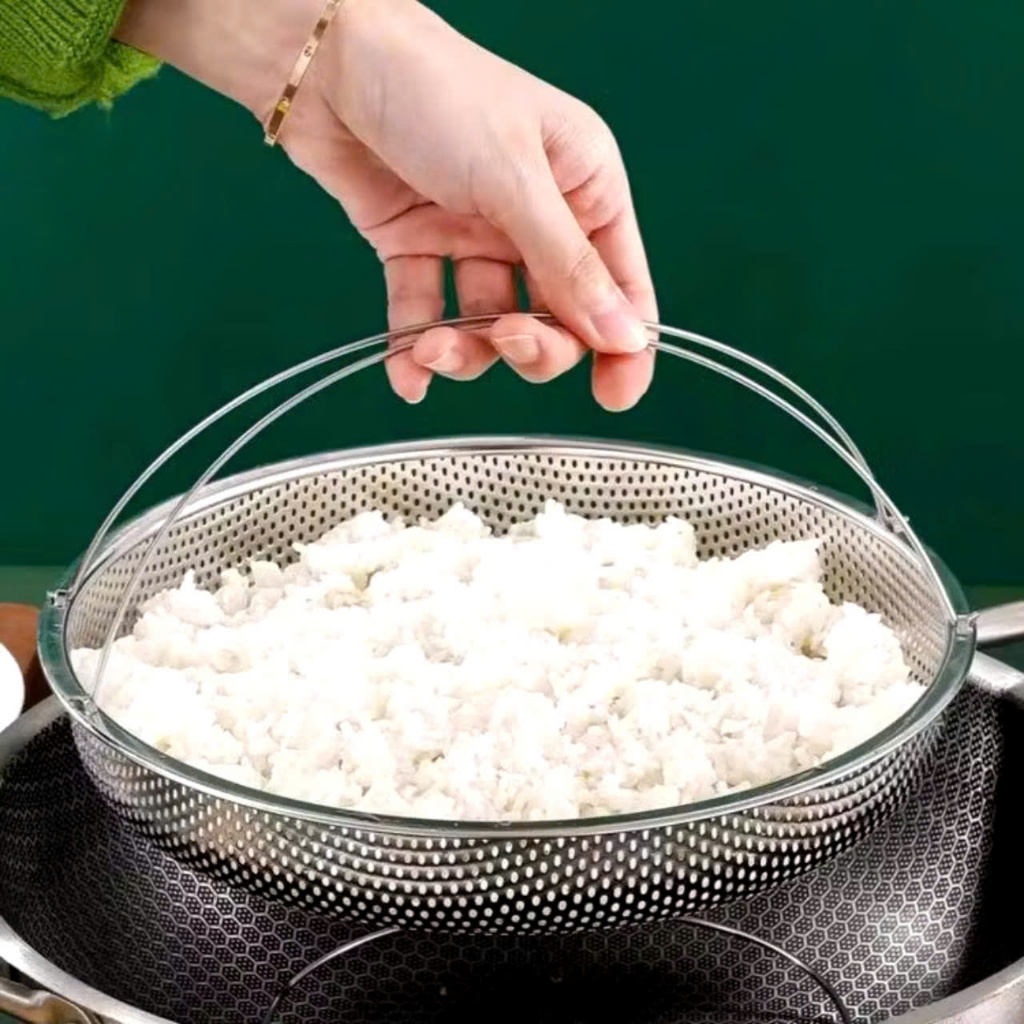 KHAY HẤP ĐỒ ĂN INOX XỊN , Khay rổ - rá hấp thức ăn inox có đế,đa năng - KHAY HAP THUC AN