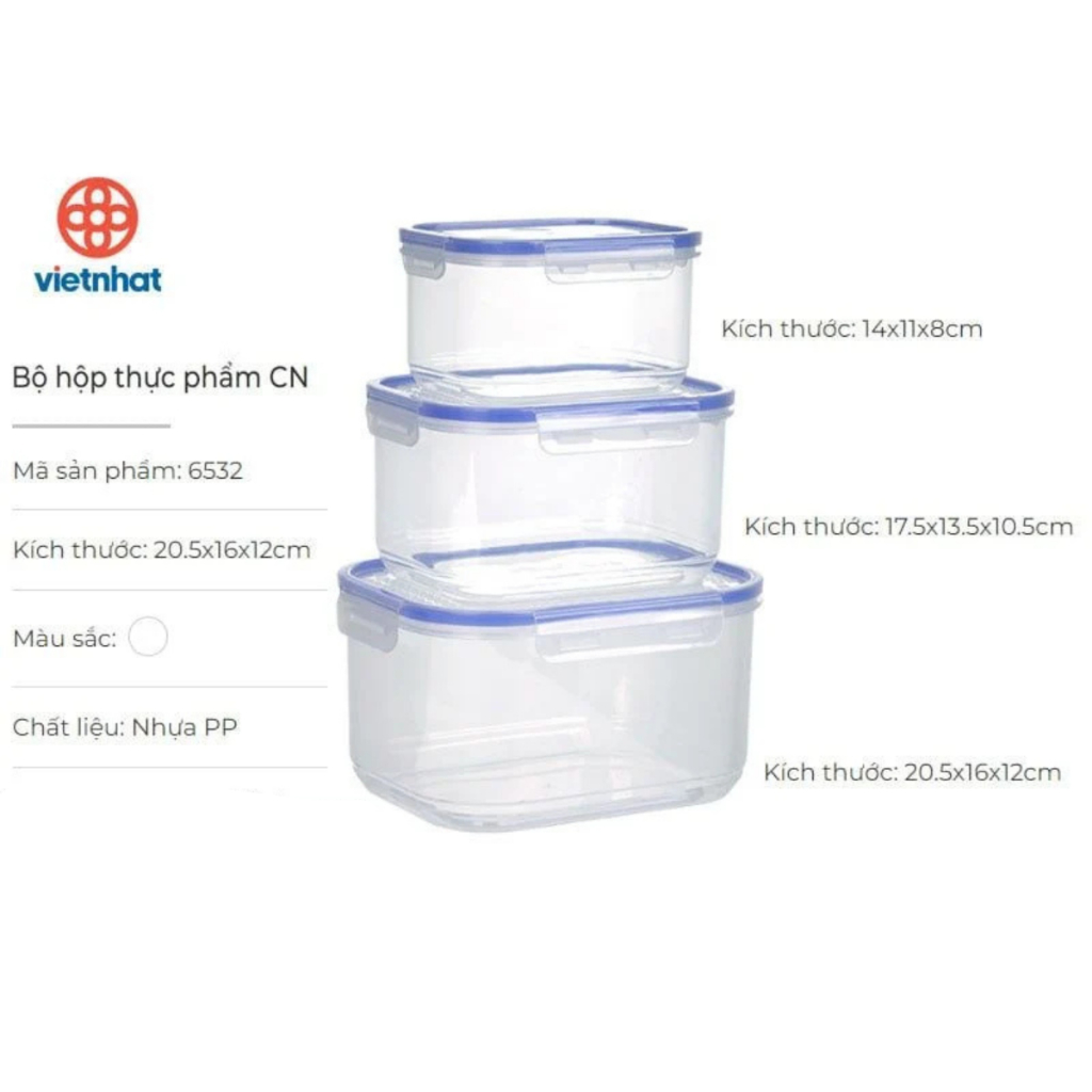 Bộ 3 Hộp Đựng Thực Phẩm Nhựa PP Nguyên Sinh An Toàn Bảo Vệ Sức Khỏe Chính Hãng VIỆT NHẬT (Mã 6532)