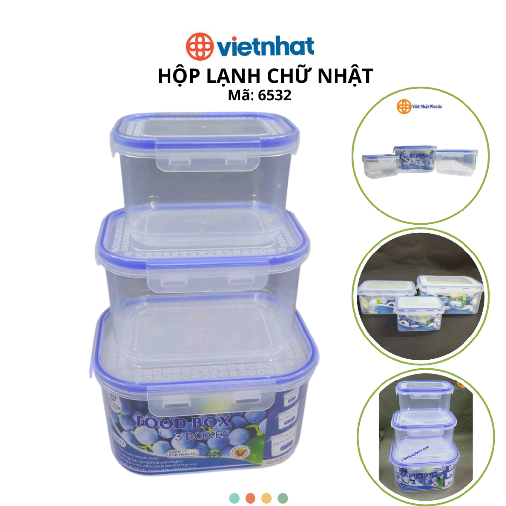 Bộ 3 Hộp Đựng Thực Phẩm Chữ Nhật, Hộp bảo quản đồ ăn tươi ngon, Hộp đựng đồ khô sống Chính Hãng VIỆT NHẬT (Mã 6532)