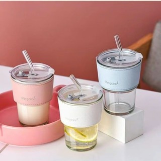 Ly Thủy Tinh Gorgous 420ml Ly Thủy Tinh Bao Da, Cốc Nước Bao Da Thuỷ Tinh Chịu Nhiệt, Cốc Thuỷ Tinh Có Nắp Ống Hút