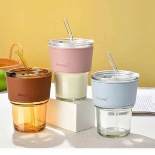 Ly Thủy Tinh Gorgous 420ml Ly Thủy Tinh Bao Da, Cốc Nước Bao Da Thuỷ Tinh Chịu Nhiệt, Cốc Thuỷ Tinh Có Nắp Ống Hút