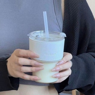 Ly Thủy Tinh Gorgous 420ml Ly Thủy Tinh Bao Da, Cốc Nước Bao Da Thuỷ Tinh Chịu Nhiệt, Cốc Thuỷ Tinh Có Nắp Ống Hút