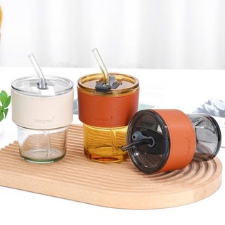 Ly Thủy Tinh Gorgous 420ml Ly Thủy Tinh Bao Da, Cốc Nước Bao Da Thuỷ Tinh Chịu Nhiệt, Cốc Thuỷ Tinh Có Nắp Ống Hút