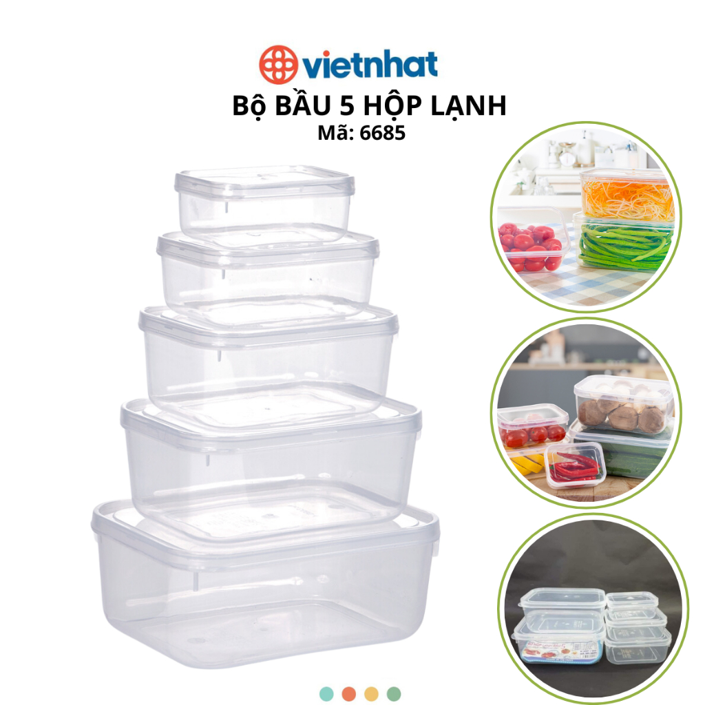 Bộ 5 Hộp Lạnh Bầu Bảo Quản Thực Phẩm, Hộp đựng thực phẩm 5 size Chính Hãng VIỆT NHẬT (Mã 6685)