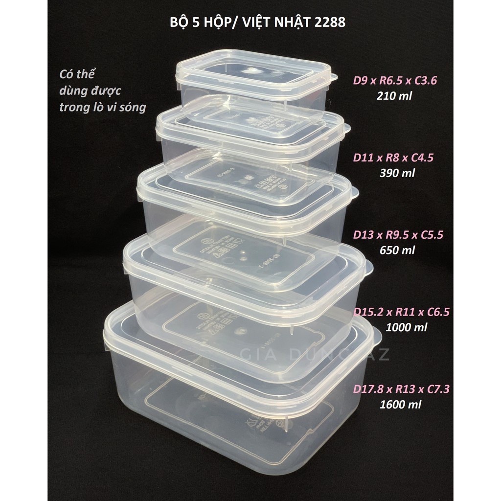 Bộ 5 Hộp Lạnh Bầu Bảo Quản Thực Phẩm, Hộp đựng thực phẩm 5 size Chính Hãng VIỆT NHẬT (Mã 6685)
