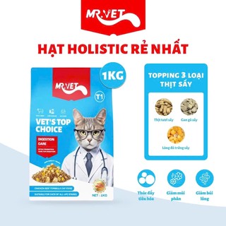 Hạt Cho Mèo MRVET T1 Holistic 1kg Với 30% Protein Kèm Topping Thịt Gà, Gan Gà, Lòng Đỏ Trứng Sấy Khô Pet Kool