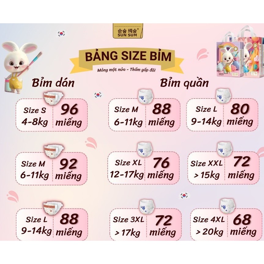 [MUA BỈM NHẬN QUÀ] Bỉm/tã quần dán Sunsum - thương hiệu bỉm Hàn Quốc size S - 4XL