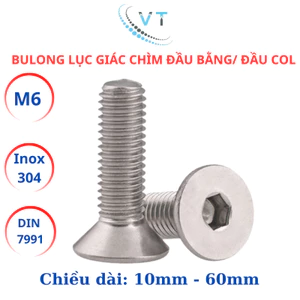 Bulong lục giác đầu col, lục giác đầu bằng Inox304 M6 (6li) dài từ 10mm - 30mm.