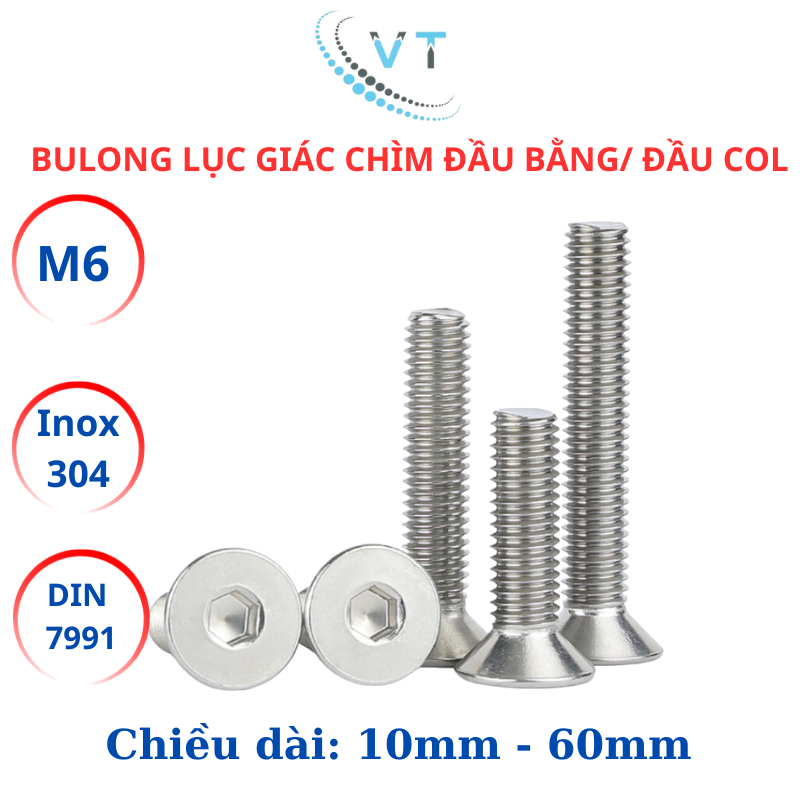 Bulong lục giác đầu col, lục giác đầu bằng Inox304 M6 (6li) dài từ 10mm - 30mm.