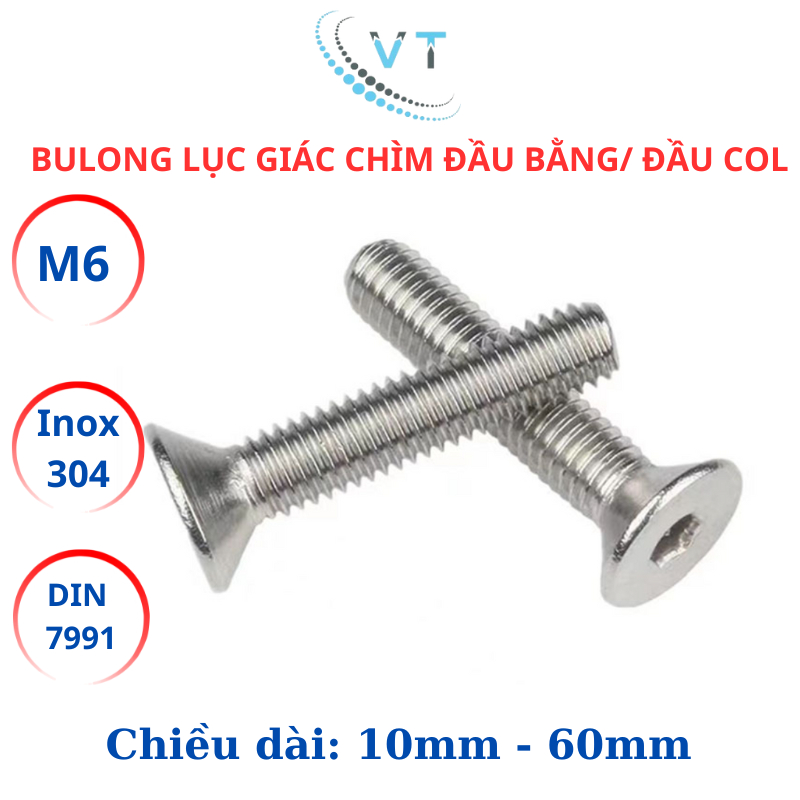 Bulong lục giác đầu col, lục giác đầu bằng Inox304 M6 (6li) dài từ 10mm - 30mm.