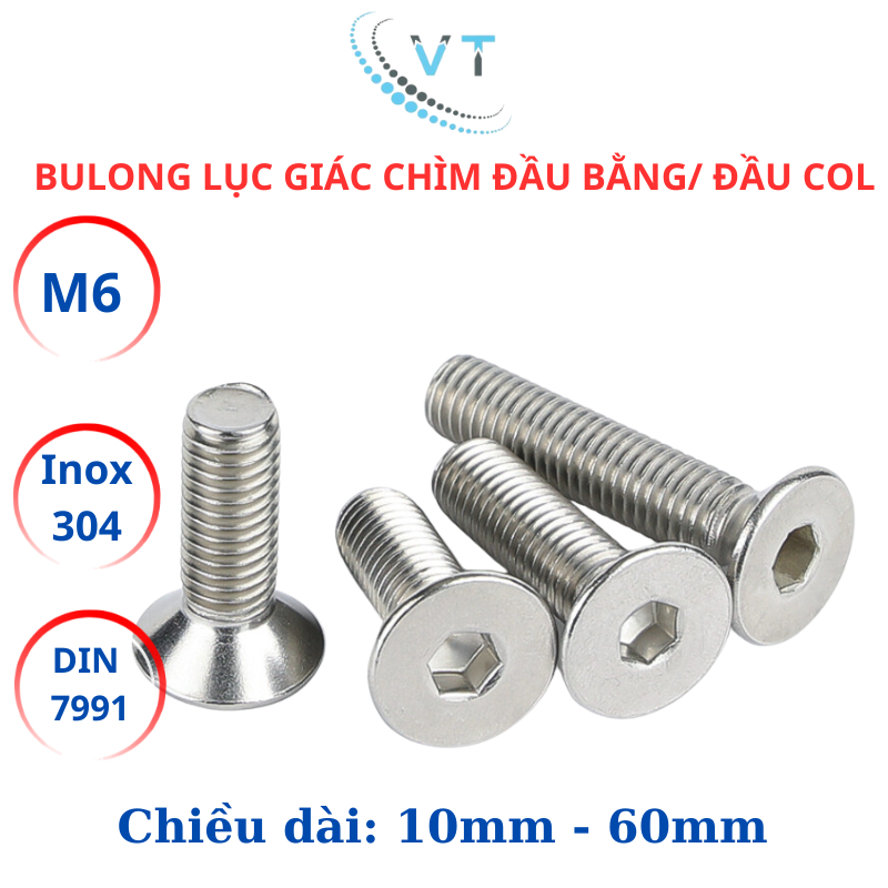 Bulong lục giác đầu col, lục giác đầu bằng Inox304 M6 (6li) dài từ 10mm - 30mm.