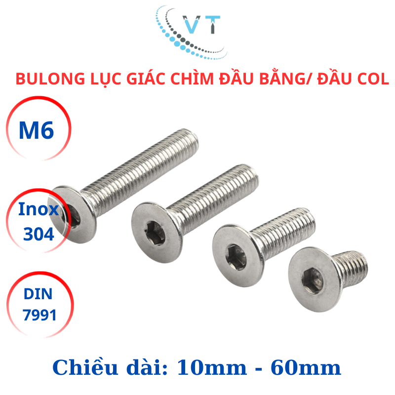 Bulong lục giác đầu col, lục giác đầu bằng Inox304 M6 (6li) dài từ 10mm - 30mm.