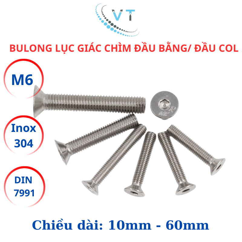 Bulong lục giác đầu col, lục giác đầu bằng Inox304 M6 (6li) dài từ 10mm - 30mm.