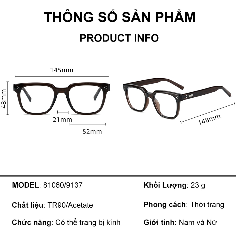 Ảnh Gọng kính cận thời trang nam nữ ANDU EYEWEAR dáng vuông chống tia UV chất liệu nhựa 9137 4