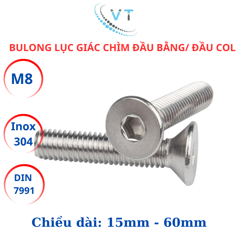 Bulong Lục Giác Chìm Đầu Bằng Inox 304 M8 (8 Ly) - Đai Ốc Đầu Côn DIN 7991 Size 15mm - 60mm Chống Gỉ