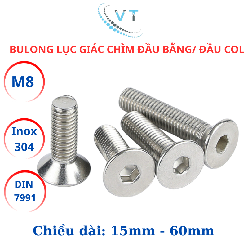 Bulong Lục Giác Chìm Đầu Bằng Inox 304 M8 (8 Ly) - Đai Ốc Đầu Côn DIN 7991 Size 15mm - 60mm Chống Gỉ
