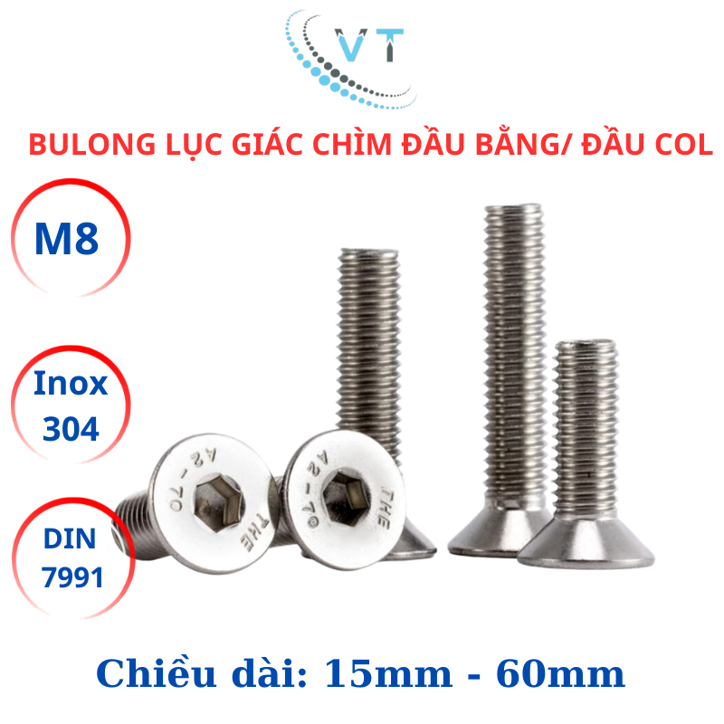 Bulong Lục Giác Chìm Đầu Bằng Inox 304 M8 (8 Ly) - Đai Ốc Đầu Côn DIN 7991 Size 15mm - 60mm Chống Gỉ