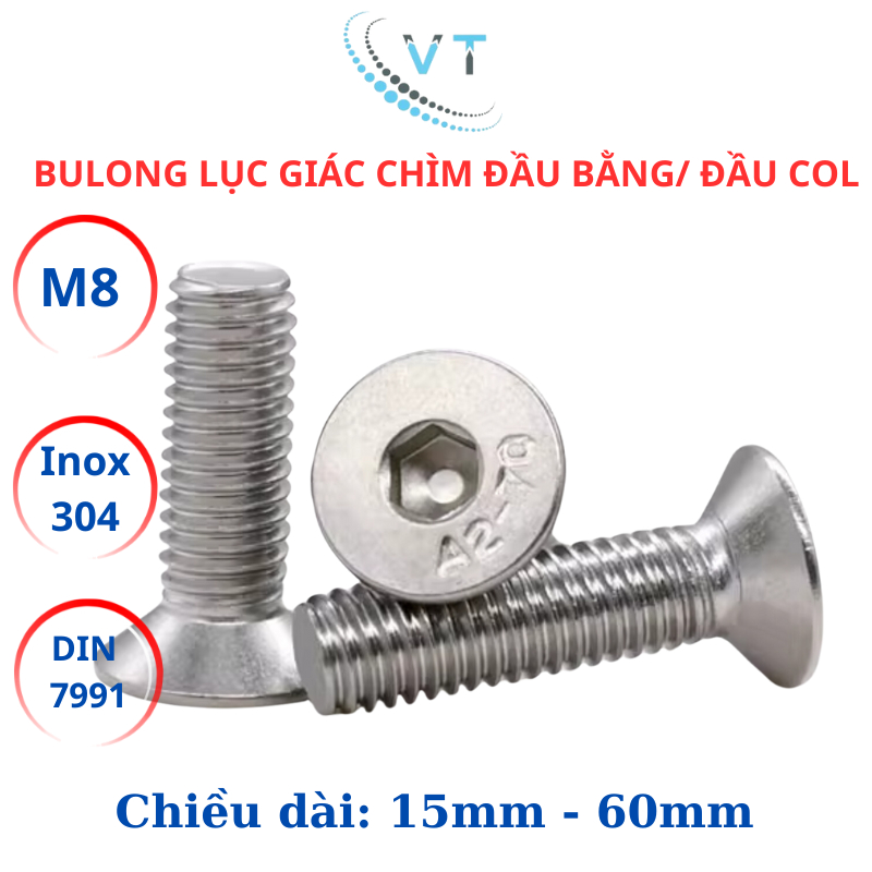 Bulong Lục Giác Chìm Đầu Bằng Inox 304 M8 (8 Ly) - Đai Ốc Đầu Côn DIN 7991 Size 15mm - 60mm Chống Gỉ