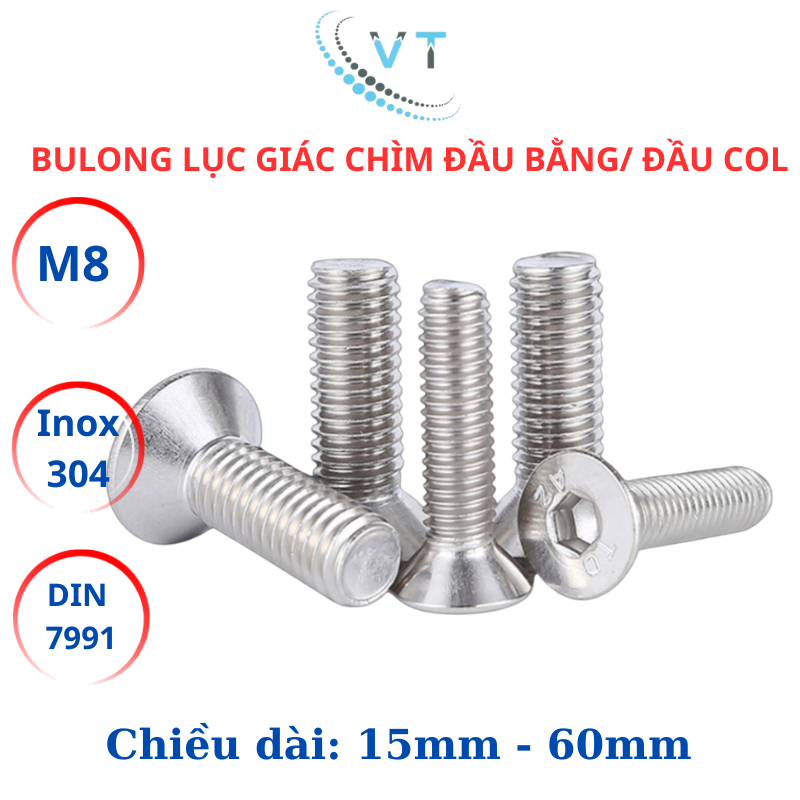 Bulong Lục Giác Chìm Đầu Bằng Inox 304 M8 (8 Ly) - Đai Ốc Đầu Côn DIN 7991 Size 15mm - 60mm Chống Gỉ