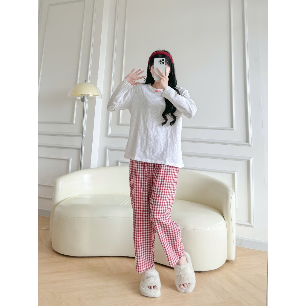 Bộ Nữ dài gắn nút hoa cúc, Đồ bộ nữ đính nút JULY FASHION, Sét bộ mặc nhà Quần dài áo dài tay Chất đũi mềm, thun xượt