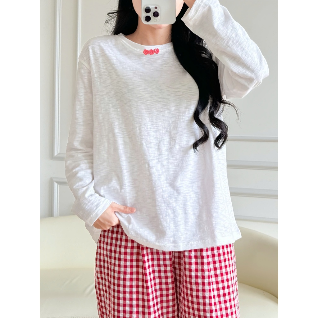 Bộ Nữ dài gắn nút hoa cúc, Đồ bộ nữ đính nút JULY FASHION, Sét bộ mặc nhà Quần dài áo dài tay Chất đũi mềm, thun xượt