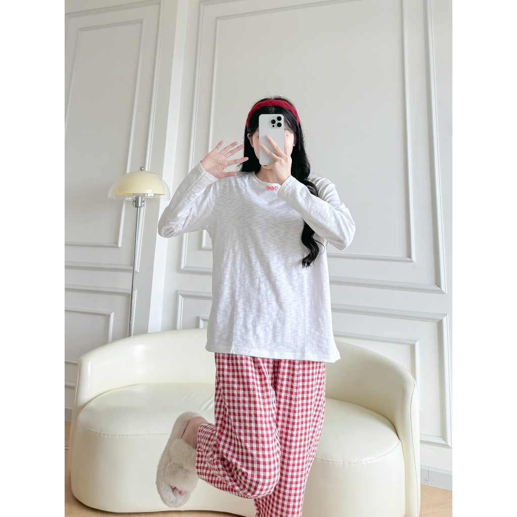 Bộ Nữ dài gắn nút hoa cúc, Đồ bộ nữ đính nút JULY FASHION, Sét bộ mặc nhà Quần dài áo dài tay Chất đũi mềm, thun xượt