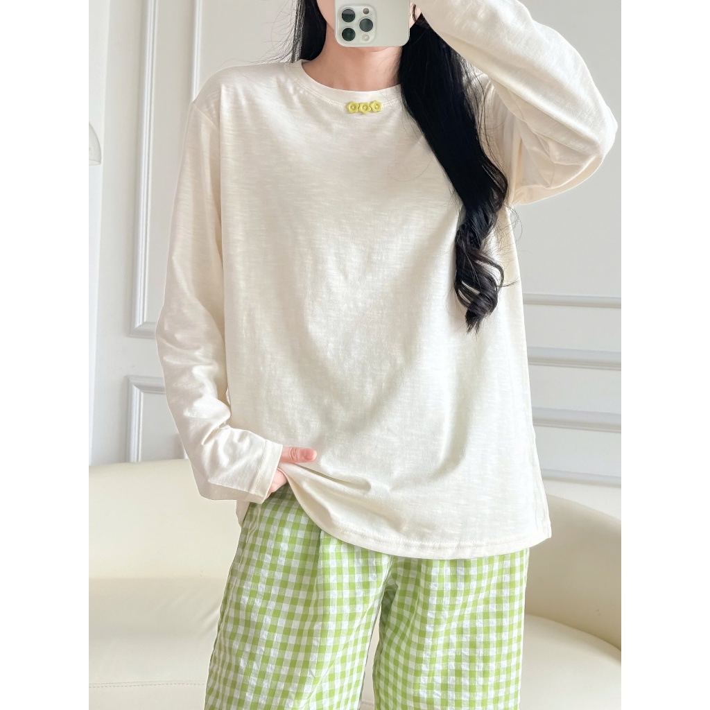 Bộ Nữ dài gắn nút hoa cúc, Đồ bộ nữ đính nút JULY FASHION, Sét bộ mặc nhà Quần dài áo dài tay Chất đũi mềm, thun xượt