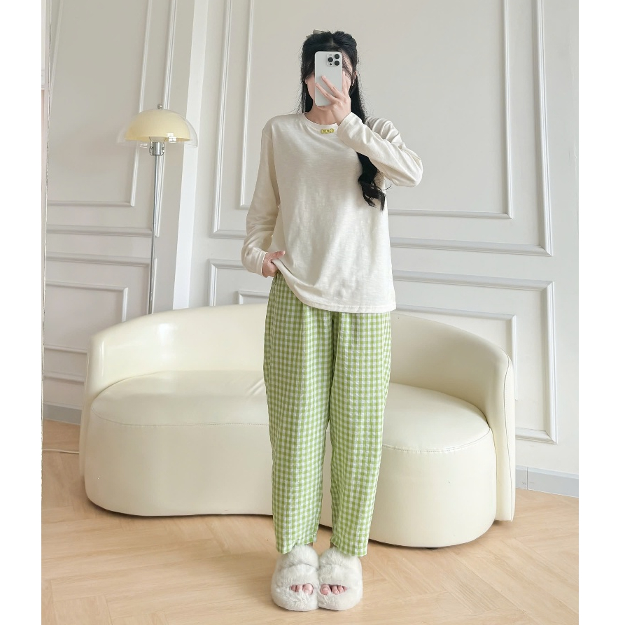 Bộ Nữ dài gắn nút hoa cúc, Đồ bộ nữ đính nút JULY FASHION, Sét bộ mặc nhà Quần dài áo dài tay Chất đũi mềm, thun xượt