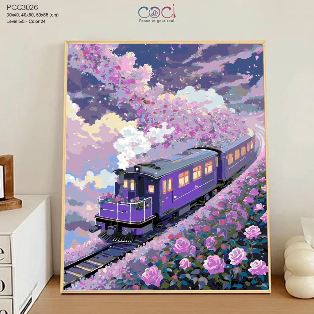 Tranh Tô Màu Theo Số Hoá Seri Chữa Lành Phong Cảnh Con Tàu Hoa Tím Trong Mơ COCI Xả Stress PCC3026