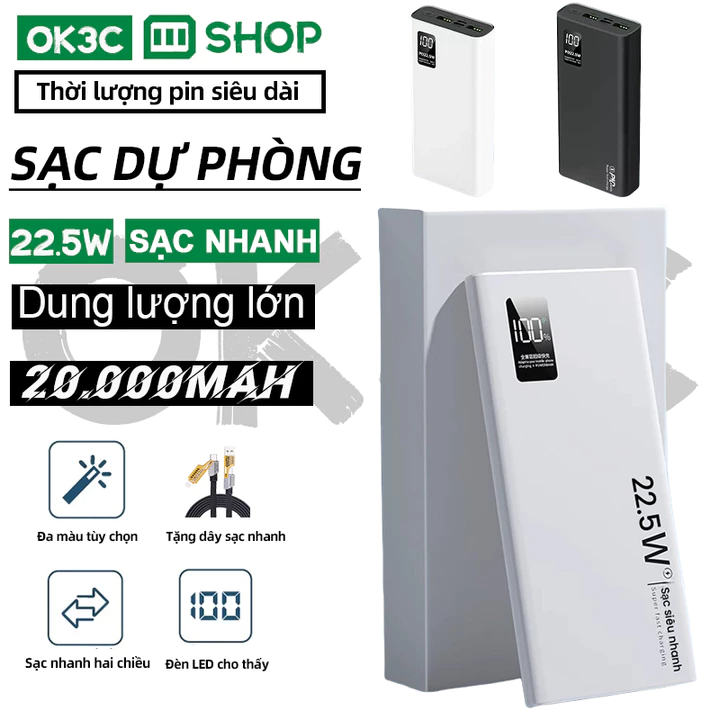 cửa hàng đích thực pin dự phòng 20000mAh chính hãng có màn hình LED,Sạc dự phòng PD22.5w, hỗ trợ sạc nhanh,,sạc sự phòng
