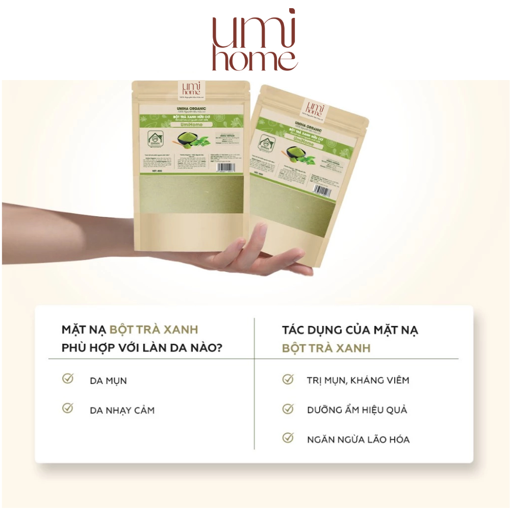 Ảnh Bột Trà Xanh hữu cơ UMIHOME nguyên chất 40g đắp mặt nạ trắng da, ngừa mụn và thâm hiệu quả, chống lão hóa 3
