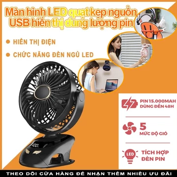 Quạt Tích Điện Để Bàn, Sử Dụng Pin Sạc, Quạt Mini Kẹp BànTích Hợp Đèn Ngủ Cao Cấp ,Quạt kẹp bàn Tích Điện