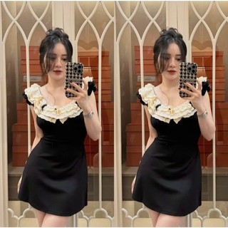 Váy Umi Đen Sát Nách Dáng Ngắn Phối Cổ Ren Đầm Nữ Sang Chảnh