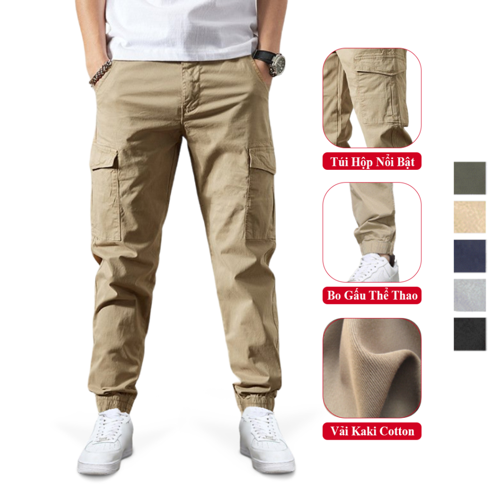 Quần Jogger Kaki Túi Hộp Nam VICENZO Cạp Chun Bo Gấu. Quần Kaki Jogger Túi Hộp Nam