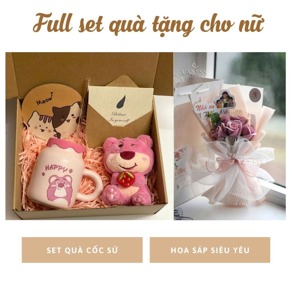 Set Quà Tặng Cốc Sứ Và Hoa (full set) tặng bạn nữ, quà tốt nghiệp, sinh nhật, người yêu 20/10, gấu losto siêu yêu