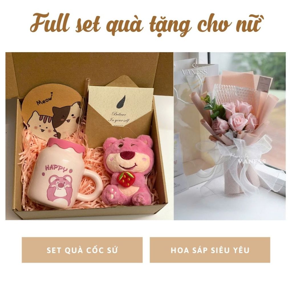 Set Quà Tặng Cốc Sứ Và Hoa (full set) tặng bạn nữ, quà tốt nghiệp, sinh nhật, người yêu 20/10, gấu losto siêu yêu