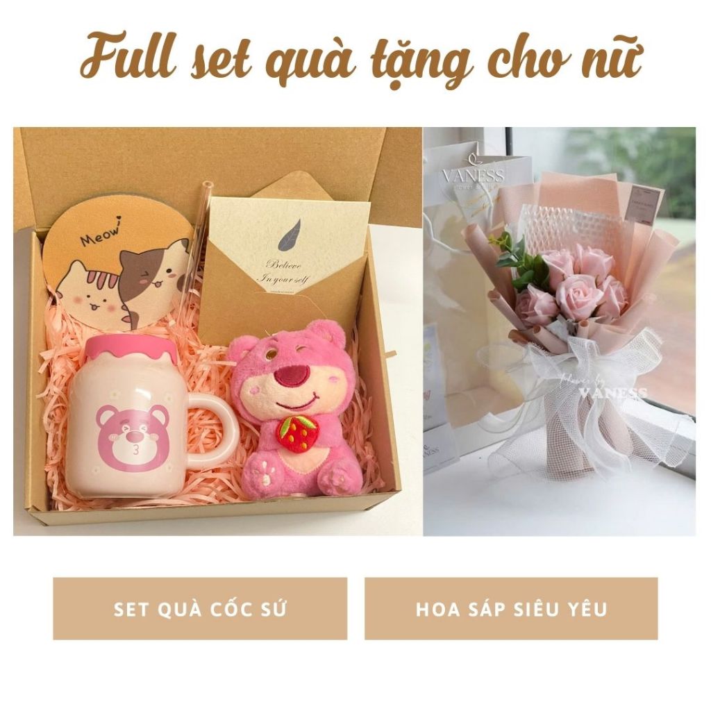 Set Quà Tặng Cốc Sứ Và Hoa (full set) tặng bạn nữ, quà tốt nghiệp, sinh nhật, người yêu 20/10, gấu losto siêu yêu