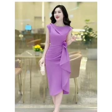 Váy thiết kế cổ tròn, ngắn tay dáng dài eo xếp li che khuyết điểm bụng to xẻ tà gấu, váy đầm dự tiệc b8