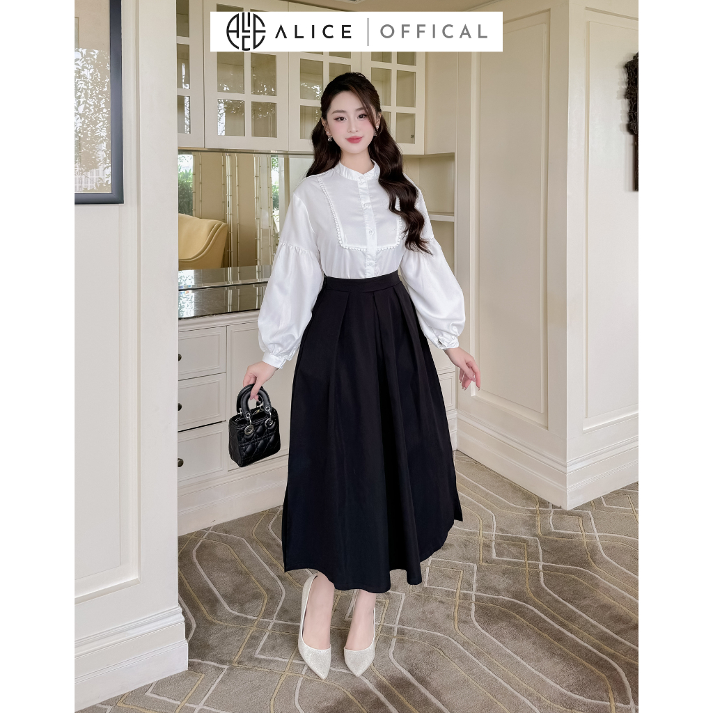 Ảnh Set Áo Sơ Phối Chân Váy Dài Công Sở ALICE Thiết Kế Dáng Chờm Vai Tay Bồng Kèm Chân Váy Dáng Xòe Thanh Lịch S583 2
