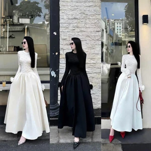 Váy Ren 2 Lớp Tay Đính Hoa Phối Thô Mềm Dáng Dài Form Xoè 3 Màu Siêu Xinh ( váy có lót )