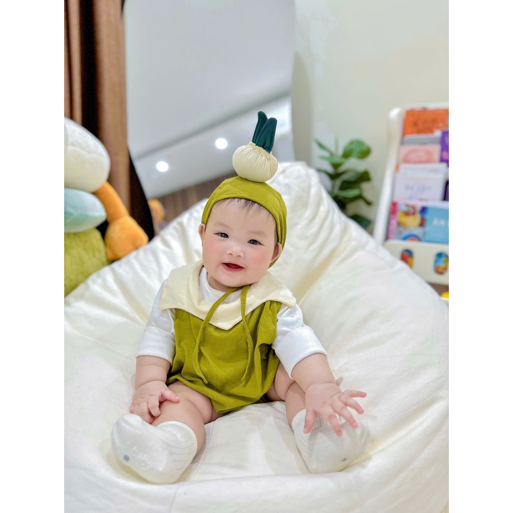 (HÀNG CÓ SẴN )Set bộ bodysuit cover HÀNH XANH kèm mũ tặng tất trắng cho em bé 4-14kg dễ thương chuẩn loại 1 mũ to ......