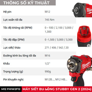 Máy siết bu lông STUBBY M12 FIW2F12 Milwaukee 1/2" máy bắn bu lông 745Nm phiên bản mới nhất