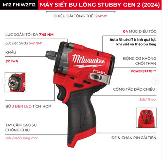 Máy siết bu lông STUBBY M12 FIW2F12 Milwaukee 1/2" máy bắn bu lông 745Nm phiên bản mới nhất