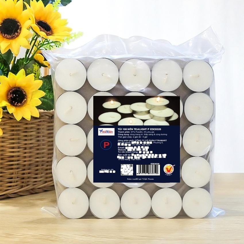 Túi 100 nến tealight P khử mùi Eden Candle FTRAMART EDC0320 (Trắng), cháy 4h, không khói, an toàn sức khỏe