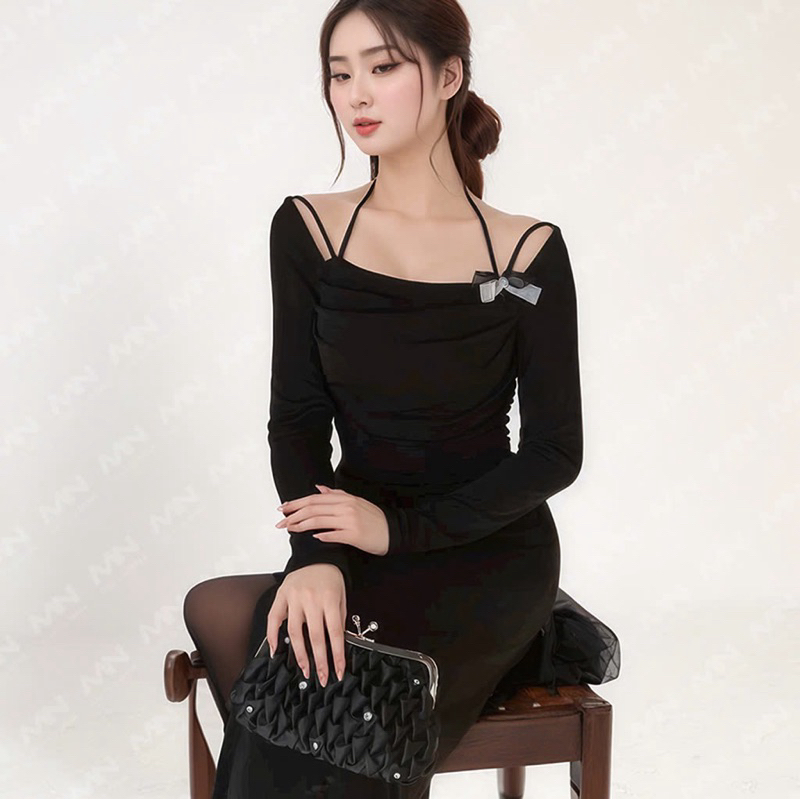 Ảnh Đầm dự tiệc Mina dài tay dáng ôm midi quyến rũ sang trọng chất Thun Lazong màu đen - MN257 1